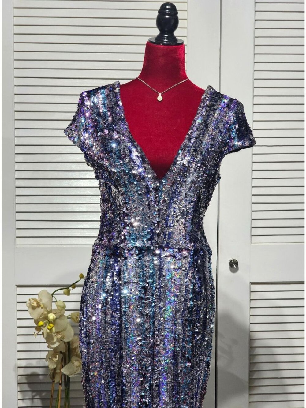 Dress the Population Women Zoe Brushstroke Sequin Mini Dress in Merlot Sz L 2991